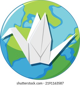 Classic bird origami on earth icon illustration