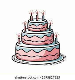 A classic birthday cake with layers of fluffy sponge, covered in smooth white frosting. Colorful sprinkles and lit candles sit on top, creating a festive and joyful atmosphere