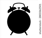 Classic black alarm clock silhouette with two bells on white background