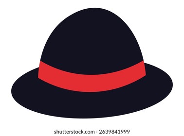 Classic black bowler hat featuring a vibrant red ribbon, adding a touch of sophistication and style, perfect for formal occasions or retro inspired looks