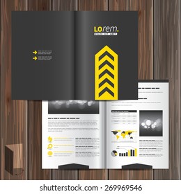 Classic black brochure template design with central yellow arrow. Cover layout