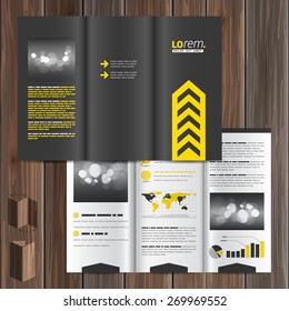 Classic black brochure template design with central yellow arrow. Cover layout