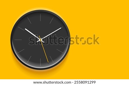 Classic black clock image in realistic flat style, dark timer on yellow background. Business watch. Vector design element for you project