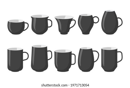 Classic black coffee cups mockup icon set. Different shape empty template mugs for design logo for shop, tea house menu. Flat cartoon style with space for labels. Isolated on white vector illustration