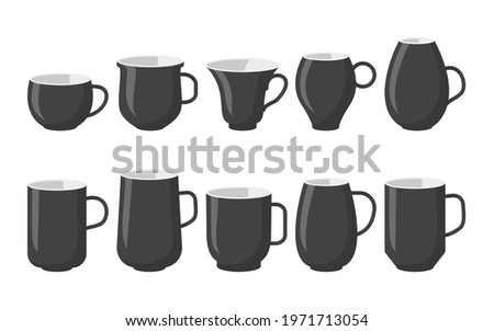 Classic black coffee cups mockup icon set. Different shape empty template mugs for design logo for shop, tea house menu. Flat cartoon style with space for labels. Isolated on white vector illustration