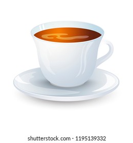 Classic black coffee in a white cup with a saucer isolated on white background. Favorite morning drink. Vector illustration