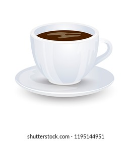 Classic black coffee in a white cup with a saucer isolated on white background. Favorite morning drink. Vector illustration