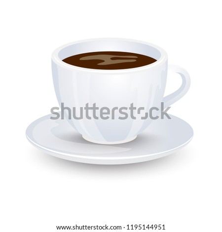 Classic black coffee in a white cup with a saucer isolated on white background. Favorite morning drink. Vector illustration