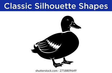 Una Ilustración vectorial clásica de la silueta del pato negro en un fondo blanco limpio, ideal para los Elementos de diseño.