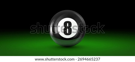 Classic black eight ball on a green billiard table, a symbol of luck or the game of pool. Vector illustration.