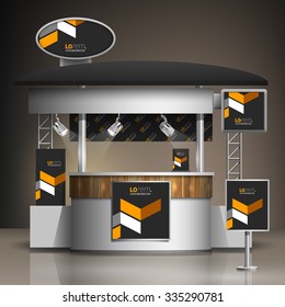Classic black exhibition stand design with yellow geometric elements. Booth template. Corporate identity