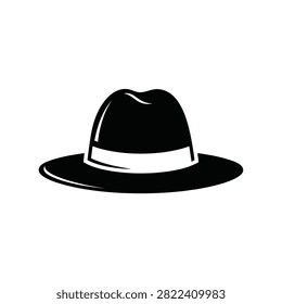 A classic black fedora hat with a white band, presented in a simple silhouette.