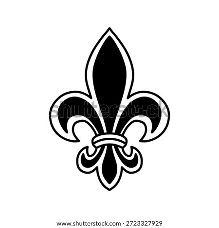 Classic black fleur-de-lis vector icon for Mardi Gras.. Heraldic lily symbol representing royalty, nobility, and French heritage. Elegant decorative element for luxury branding and historical design.