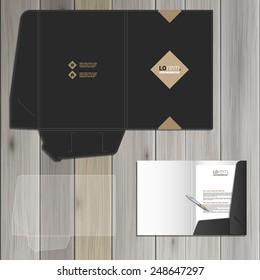 Classic black folder template design for corporate identity with rhombus. Stationery set