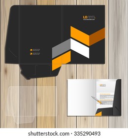 Classic black folder template design for corporate identity with yellow geometric elements. Stationery set