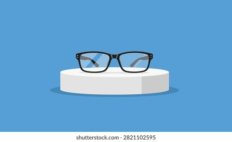 Classic black framed eyeglasses displayed on a white circular pedestal over a blue surface.