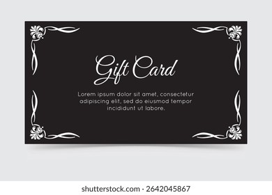 Classic black gift card with white ornate border and elegant text layout