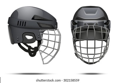 Classic Black Goalkeeper Hockey Helmet with glass visor. Front and side view. Sports Vector illustration isolated on white background.