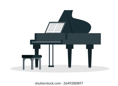 Classic black grand piano with open lid isolated on white background. Musical instrument. Vector stock