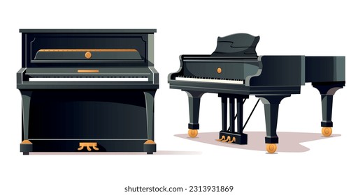 Klassisches schwarzes Flügel und aufrecht liegendes Klavier. Zwei Arten von Klavieren. Musikinstrument. Vektorgrafik für Design. Cartoon-Stil. Flacher Stil.