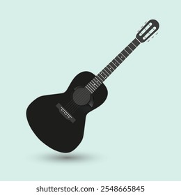 Classic black guitar vector on isplated blue background. A dark surface guitar black color icon on light blue background