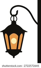 A classic black hanging lantern with glowing bulb suspended from a curved bracket.