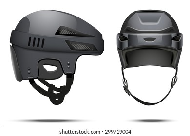 Classic black Hockey Helmet. Front and side view. Sports Vector illustration isolated on white background.