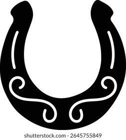 A classic black horseshoe silhouette with decorative white swirling accents on the lower curve. Isolated on a clean white background, symbolizing luck and good fortune.