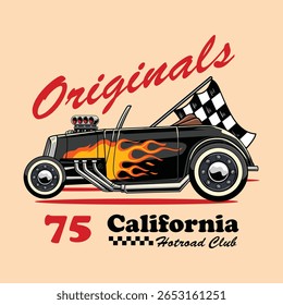 Carro quente preto clássico com decalques de chamas, bandeiras quadriculadas na ilustração de desenho animado