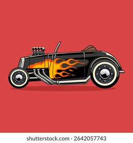 Classic black hot rod car with flaming decals, chrome exhaust pipes, and vintage design on a red background. Retro muscle car illustration in cartoon style