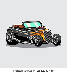 Classic black hot rod convertible with flame decals, chrome exhaust pipes, and exposed engine, illustrated in vibrant cartoon style on a light grey background