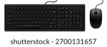 Classic black keyboard and mouse for desktop computer isolated on white background. Realistic mockup or template