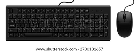 Classic black keyboard and mouse for desktop computer isolated on white background. Realistic mockup or template