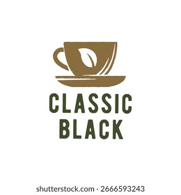 Logo Classic Black. Logotipo de taza de té negro simple con elemento de hoja. Adecuado para la marca de la tienda de té, etiquetas de productos orgánicos y envases de bebidas. Ilustración vectorial.