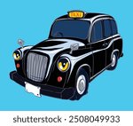 Classic black london taxi cab drawn in vector isolated. Old fashioned black taxi car without people inside shown from the front, one side view