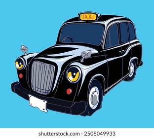 Taxi clásico negro de Londres dibujado en Vector aislado. Antiguo taxi negro de moda sin personas en el interior se muestra desde el frente, una vista lateral