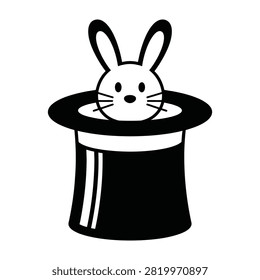 A classic black magician top hat with a cute rabbit popping out of the brim. This iconic magic trick symbol represents surprise, illusion, mystery, and performance.