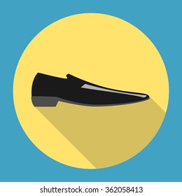 Classic black man shoe icon on yellow background with long shadow. Business, fashion, footwear concept. EPS 8 vector illustration, no transparency