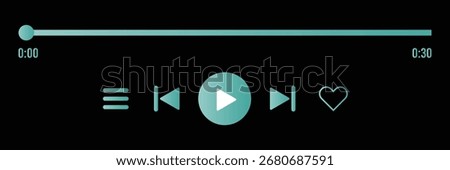 Classic Black Media Player Bar, Audio or video player progress loading bar with time slider, play, rewind buttons. Simple template of media device playback panel interface. Minimalist web display. 