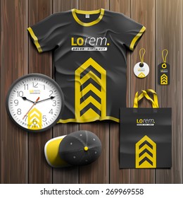 Classic black promotional souvenirs design for corporate identity with central yellow arrow. Stationery set