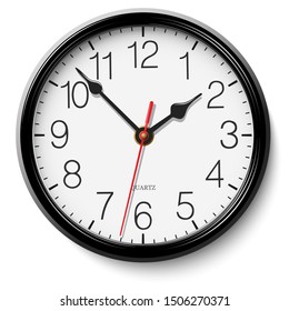 Classic black round wall clock isolated on white background. Vector illustration.