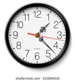 Classic black round wall clock with figured hands isolated on white background. Vector illustration.