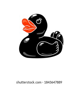 Pato clásico de caucho negro con pico rojo aislado sobre fondo blanco. Caricatura. Un animal juguetón. Elemento de diseño para logotipo, tarjeta, impresión de camisetas, invitación, accesorios. Ilustración vectorial de acciones