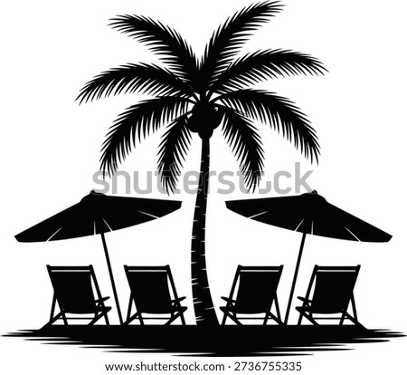 A classic black silhouette captures a serene beach scene with a lone palm tree, two open umbrellas, and four inviting lounge chairs.