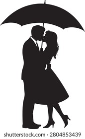 A classic black silhouette capturing a loving couple embracing and kissing intimately under an open umbrella, symbolizing romance, protection, and deep affection. Perfect for romantic themes.