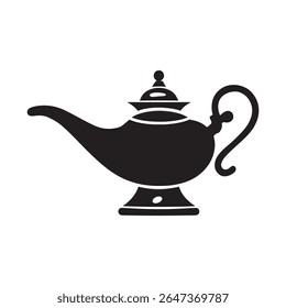 Classic black silhouette of a genie lamp with a curved spout and handle isolated on a clean white background evoking magic and wishes isolated on white background