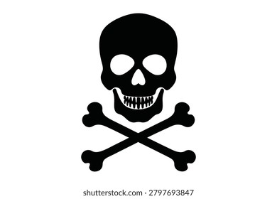 A classic black skull and crossbones silhouette icon isolated on a plain white background. This stark high contrast vector graphic represents danger poison toxic warning pirate themes or spooky halloween decorations with clean minimalist shapes.
