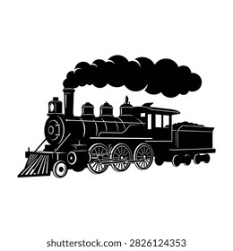 Classic black steam train engine with smoke stack puffing steam side profile