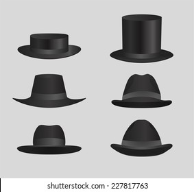 Classic Black top hat Derby Hats and caps Classic Black top hat Derby Hats and caps vector illustration.