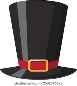 Classic black top hat with red ribbon and golden buckle standing up on a white background, perfect for representing Victorian fashion, historical figures, or formal events